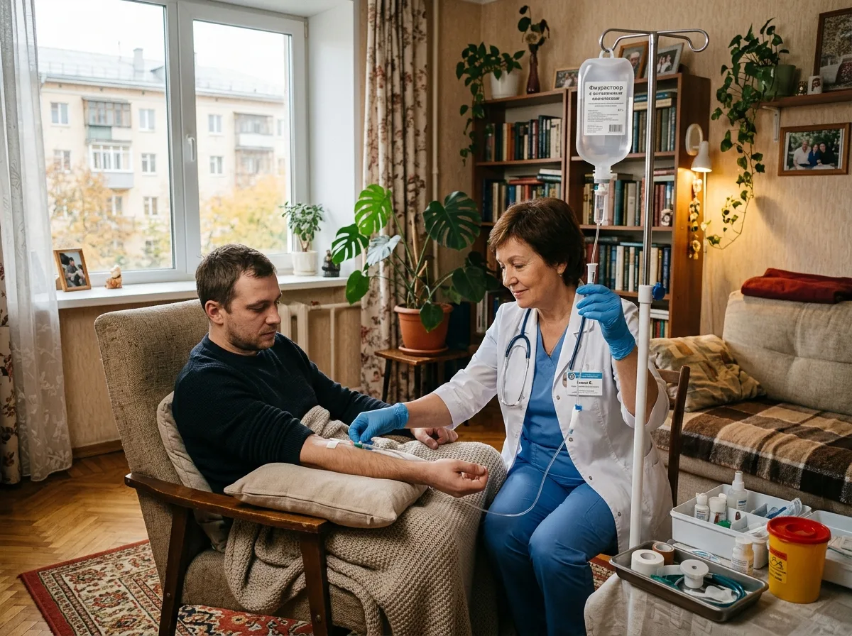 Врач-нарколог в белом халате устанавливает капельницу пациенту на дому в уютной квартире Екатеринбурга, мягкое естественное освещение, профессиональная медицинская обстановка